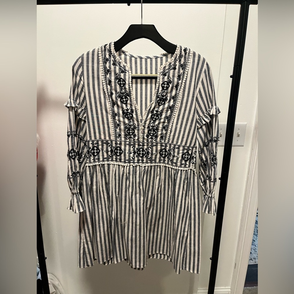 Blue and white striped mini dress, bohemian in style